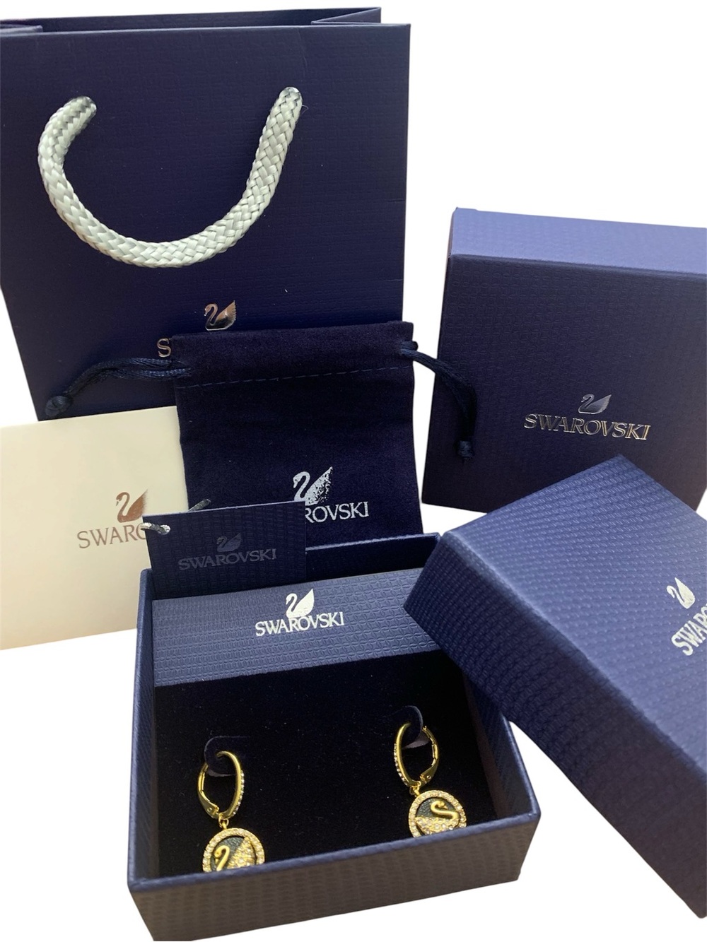 Swarovski Gold Swan Drop Hoop Earrings with Crystal Detail